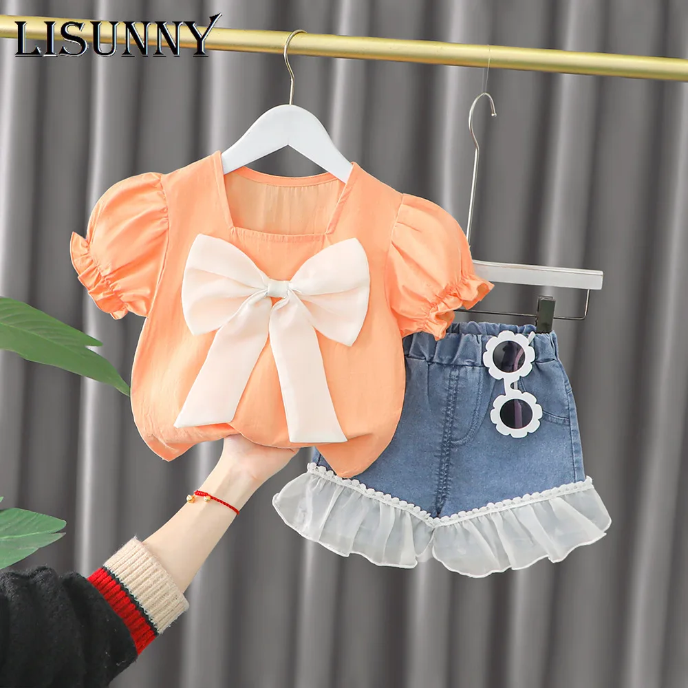 

2022 Summer Kid Clothing Sets Toddler Girls Clothes Princess Short Sleeve Bow T Shirt Denim Shorts Infant Tracksuit Baby Outfits