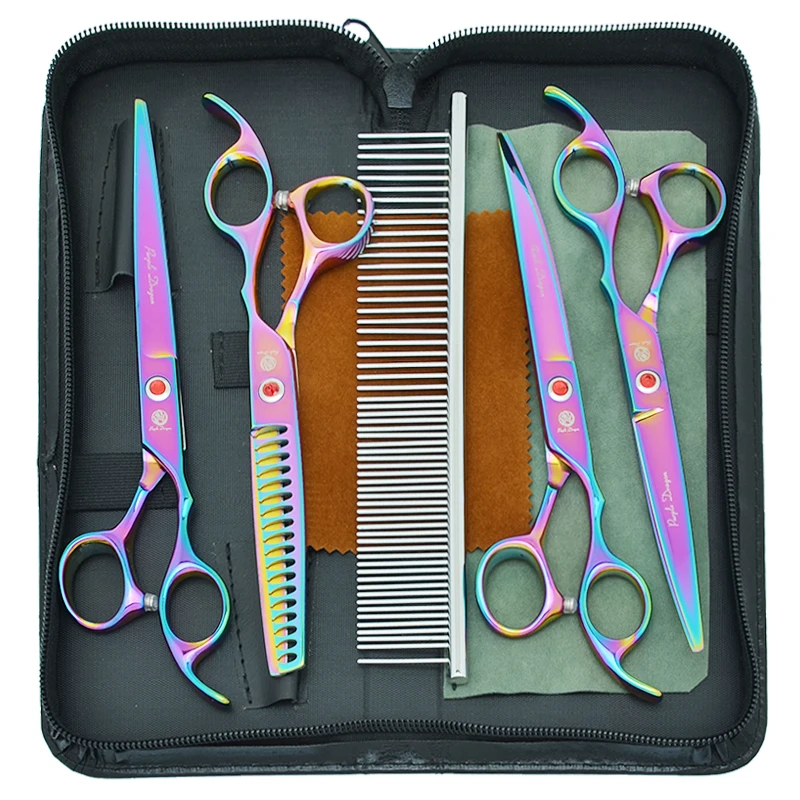 

7 inch Purple Dragon Japan Steel Pet Dog Grooming Scissors Cat Straight Curved Cutting Thinning Shears Puppy Fur Clippers B0018B