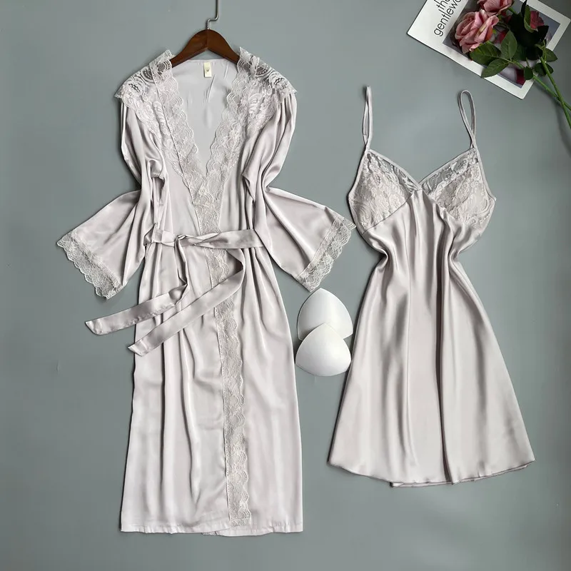 

Sexy V-Neck Lace Robe Gown Set Women 2PCS Kimono Bathrobe Gown Suit Summer Silky Satin Nightgown Sleepwear Casual Home Dress