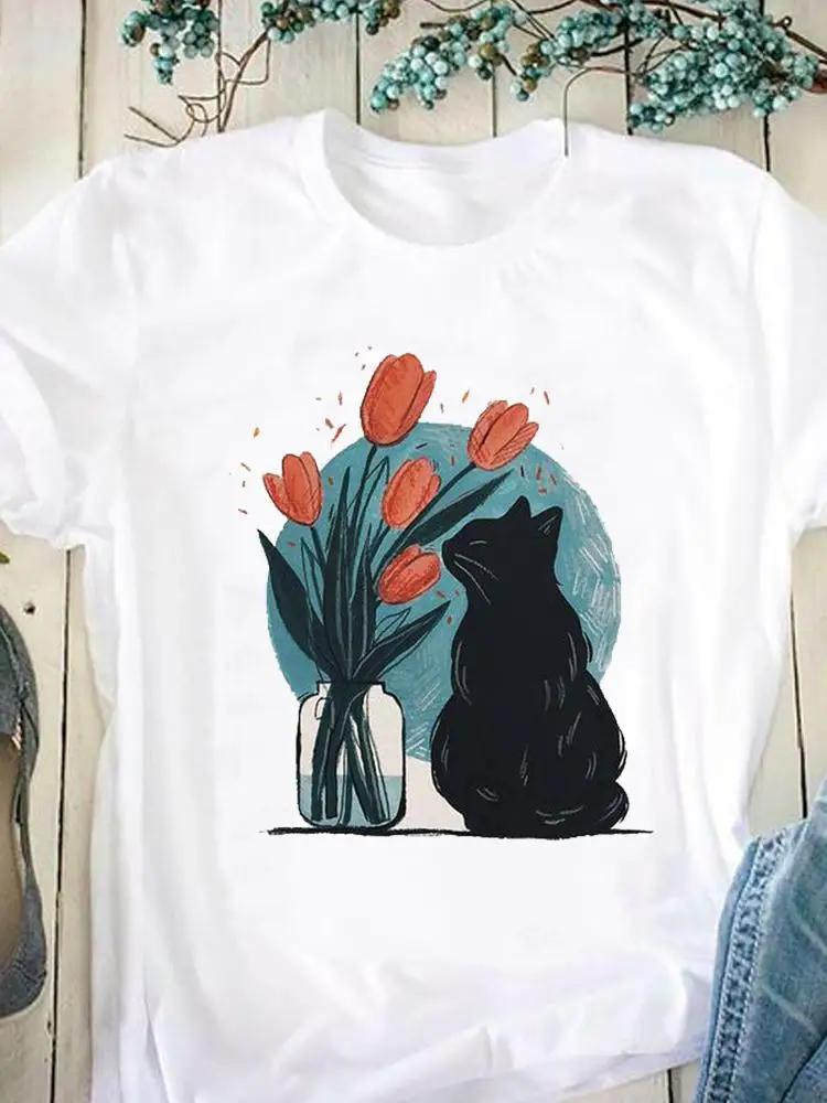 

Футболка женская с коротким рукавом, Модный Графический Топ с принтом кота, животного, цветка, повседневная одежда, на лето