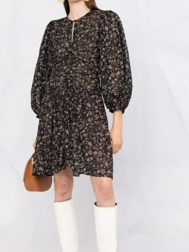 

Women Floral Print Long Sleeve Pleated O-Neck Irregular Vintage Spring Summer Silk Mini Dress