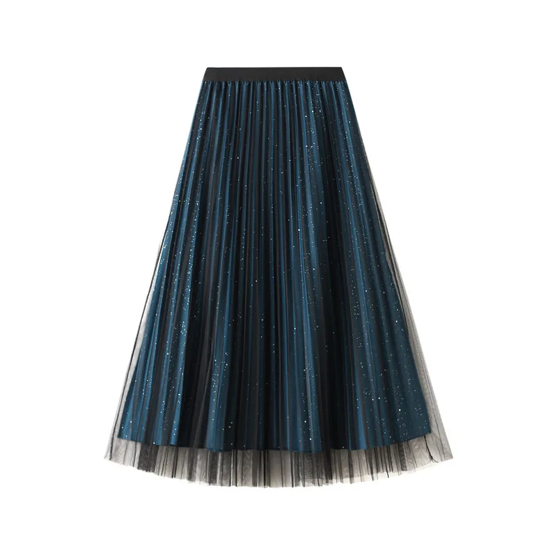 Blue Sequined Tulle Skirts Women 2022 Autumn Winter Shiny Bright Side Skirt Female Midi Long Pleated Skirt Jupe Longue
