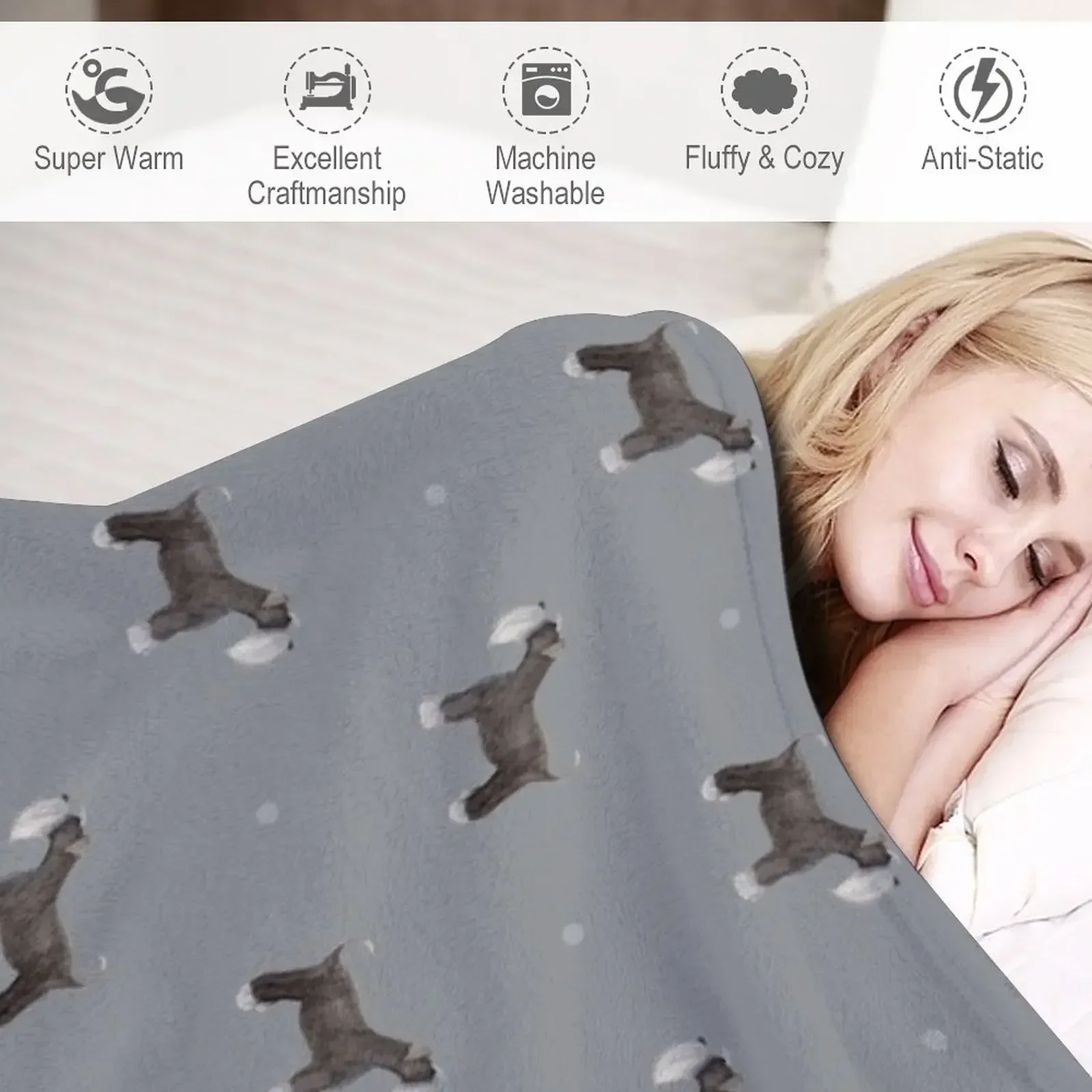 Мягкое серое одеяло Schnauzer с повторяющимся рисунком и боковым ободком мягкое