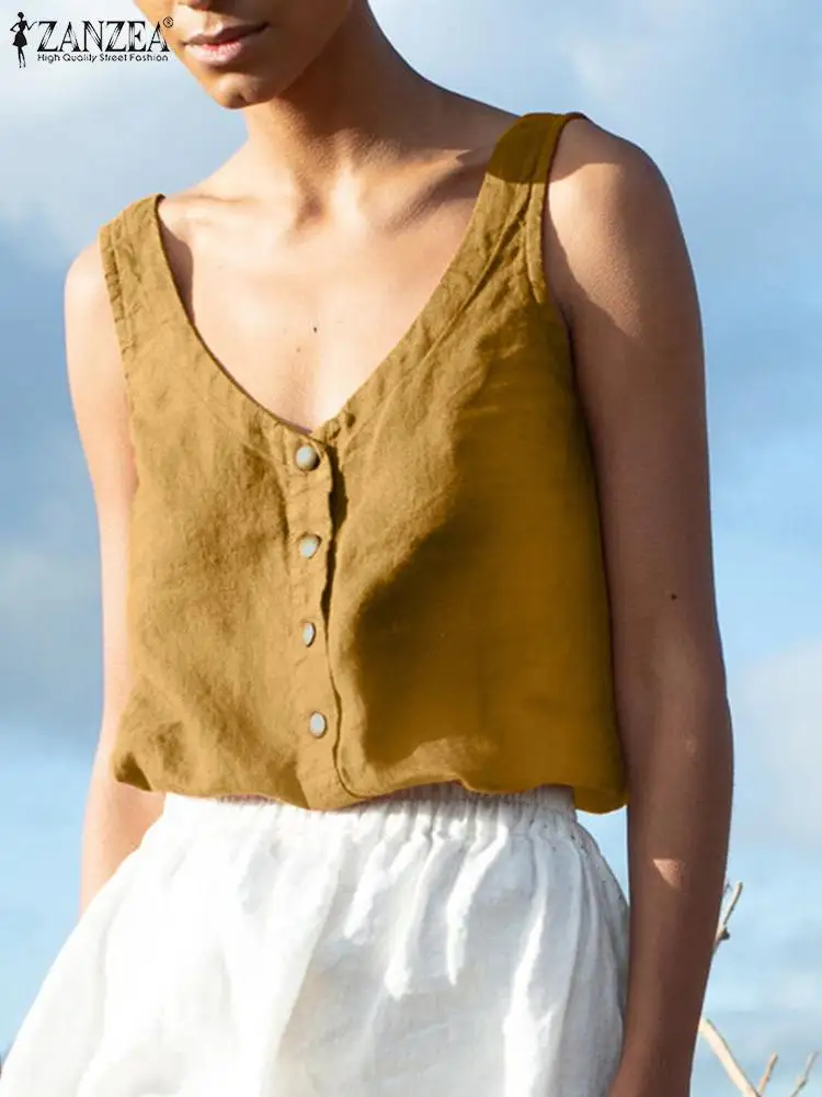 

Женские летние майки ZANZEA, пикантная блузка без рукавов с V-образным вырезом, стильные однотонные пляжные Блузы на пуговицах, повседневные пр...