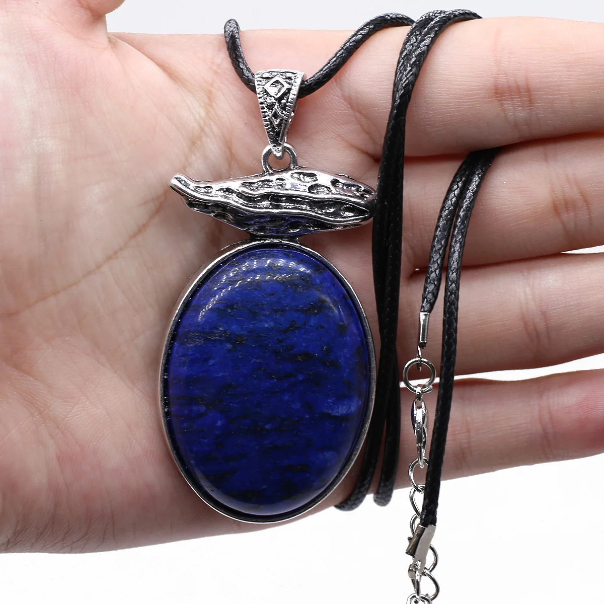 

Natural Stone Antique Silver Color Necklaces Oval Shape Lapis lazuli Opal Necklace for Women Vintage Necklace Gifts 33x56mm