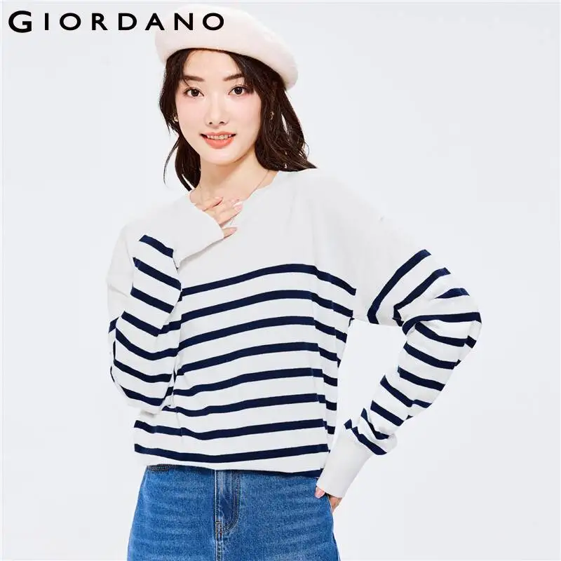 

Giordano Women Sweaters Stripe 12 Stiches Knitting Ribbed Crewneck Sweaters Dropped Shoulder Pullover 13351853