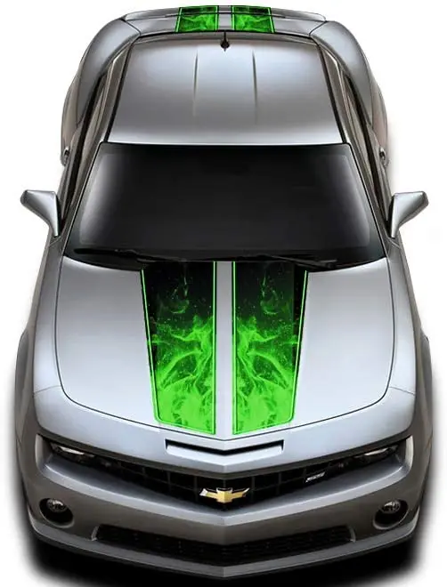 

Car-Gear Hood & Trunk Race Stripes Graphics Kit 3M Vinyl Decal Wrap Compatible with Chevy Camaro 2010-2015 - Green Flames V2