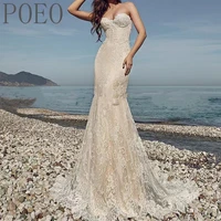 poeo strapless wedding dresses appliques sleeveless lace up floor length court train trumpet vintage beach prom dresses
