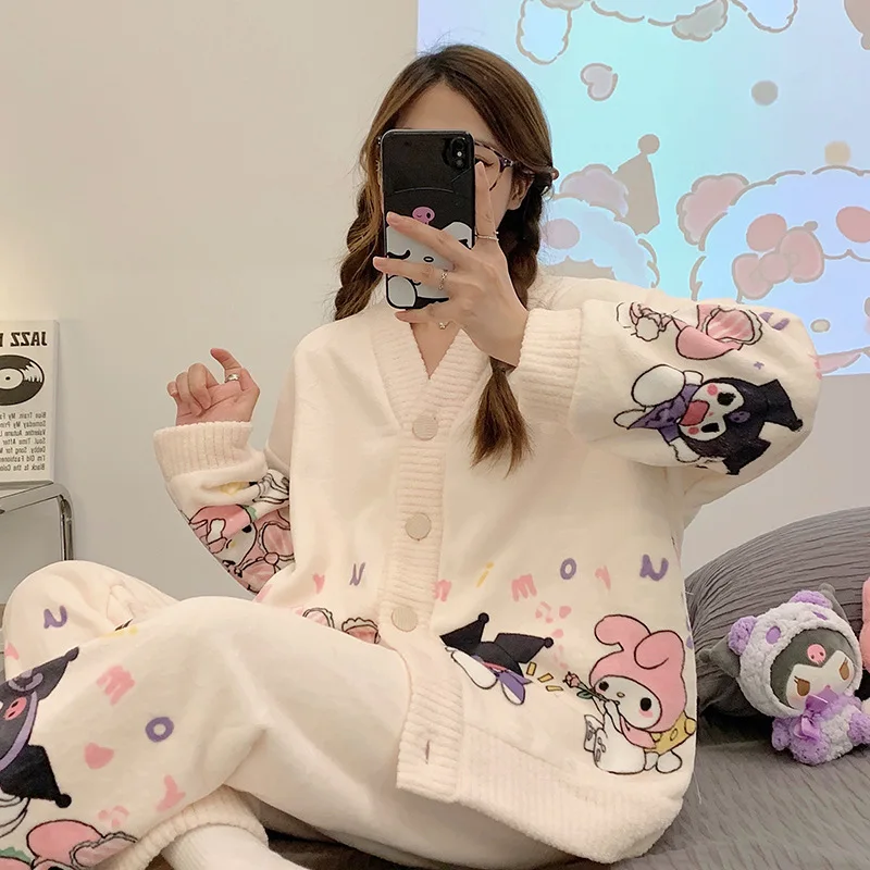 

Sanrio Kuromi Cinnamoroll плюшевая Пижама женская осенне-зимняя утепленная Милая мультяшная кавайная аниме Моя Мелодия флисовый домашний костюм