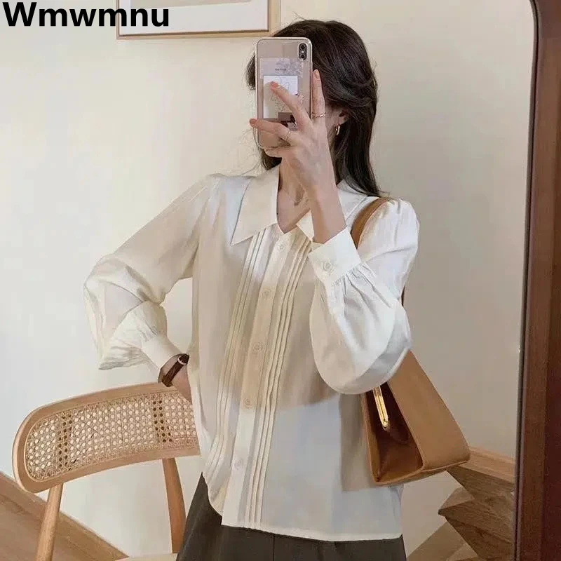 

Корейский плиссированный шифоновый НОВЫЙ свободный винтажный Топ Элегантные повседневные блузки модная блузка с длинным рукавом женские весенние однотонные рубашки