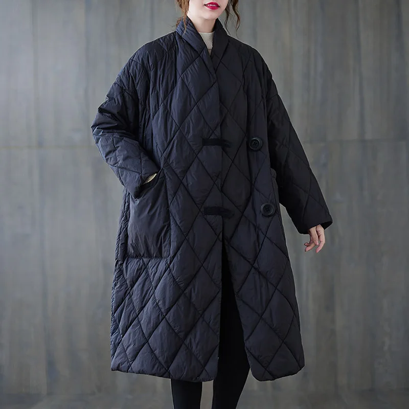 Mid-length Large Pocket Padded Jacket Women 2021 Autumn and Winter Retro Literature and Art Loose Stand-up Collar Padded Jacket