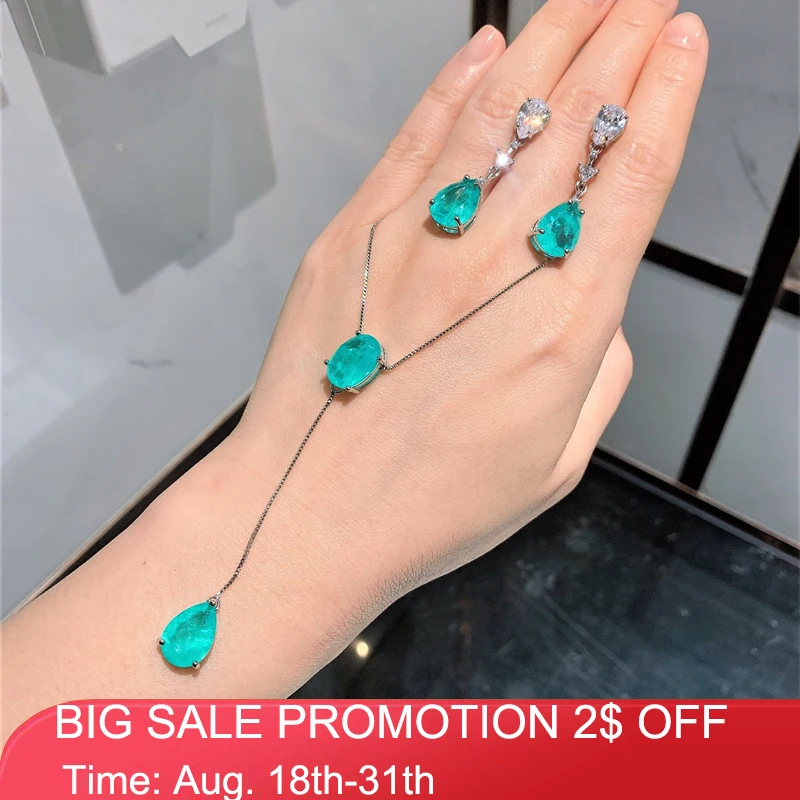 

Lab Paraiba Tourmaline Gemstone Long Pendant Necklace Drop Earrings Wedding Party Fine Jewelry Set for Women Birthday Gift