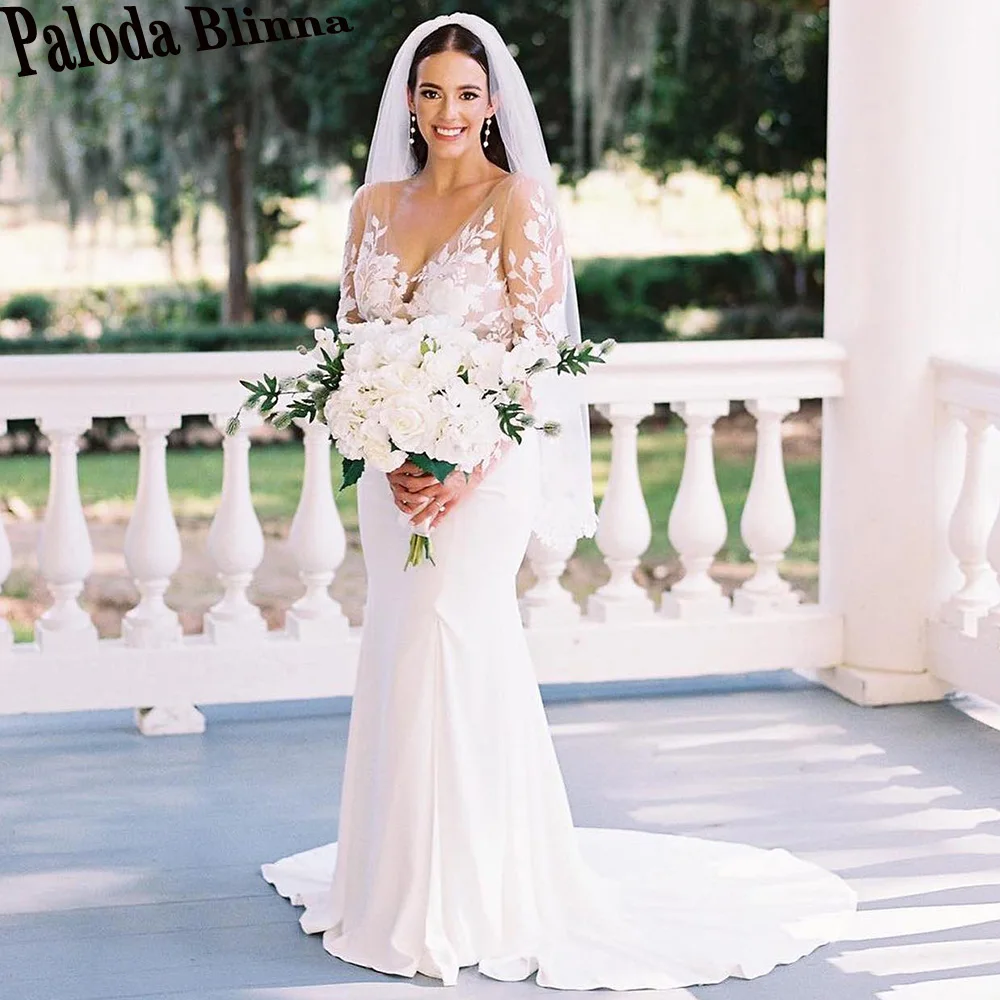 

Paloda Vintage Mermaid V-Neck Wedding Gown For Bride Court Train Appliques Illusion Tulle Long Sleeves Robe De Soirée De Mariage