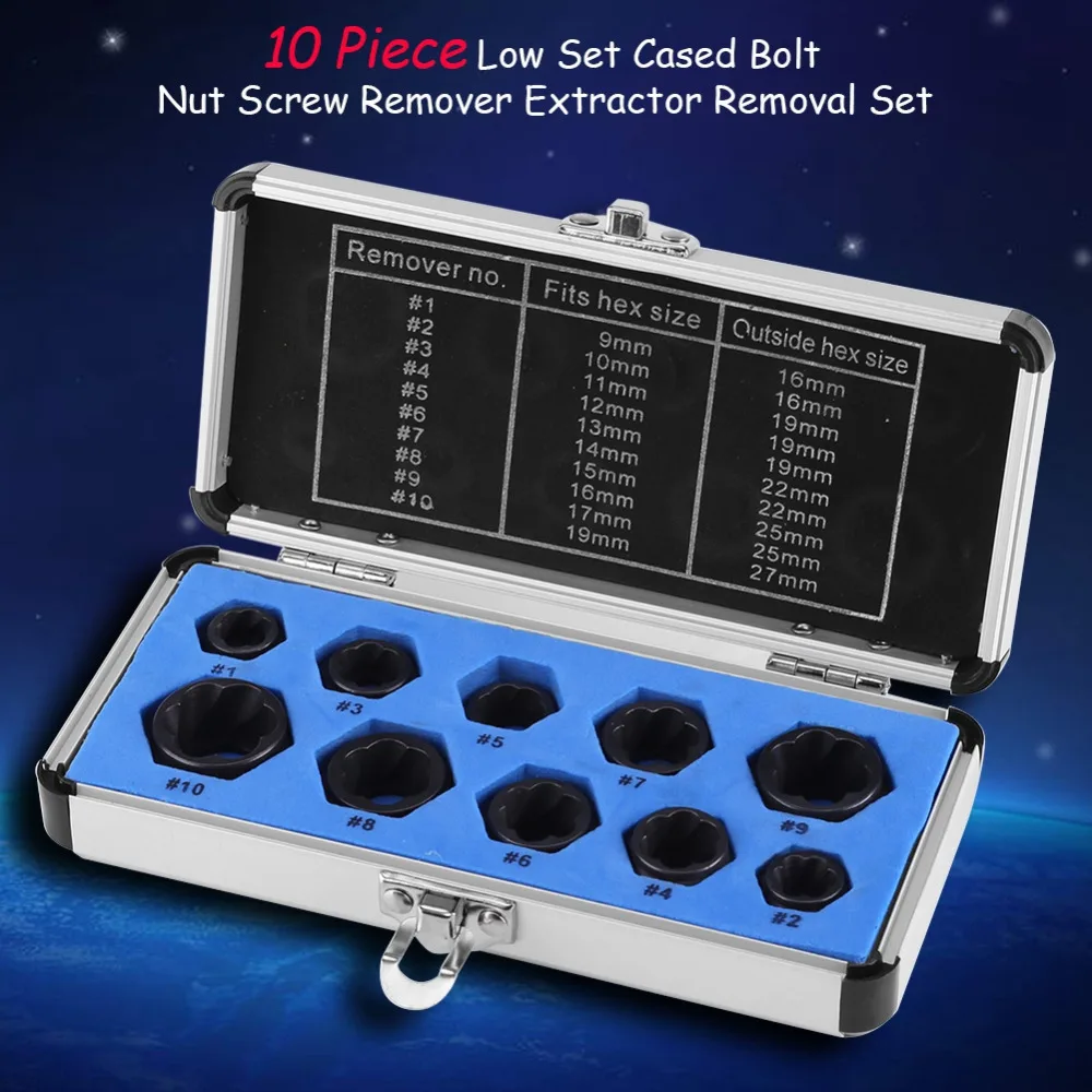

10Pcs/set Damaged Bolt Nut Screw Remover Extractor Removal Set Nut Removal Socket Tool Threading Tools Kit Tool box