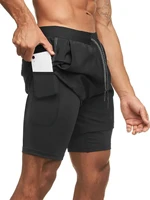 men drawstring waist 2 in 1 sports shorts with phone pocket