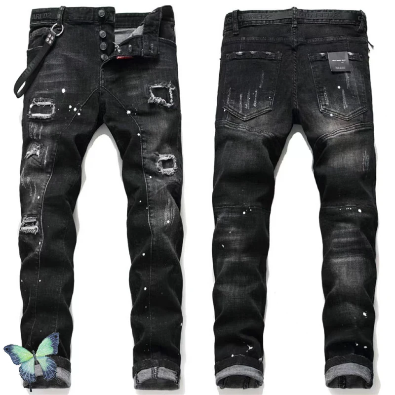 

Heavy Fabric Ripped Hole Fashion Hip Hop Men Denim Pants Button Fly Comfortable DSQ2 Men's Jeans