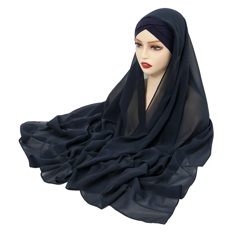 Criss Cross Muslim Jersey Instant Hijab Scarf for Women Chiffon Femme Musulman Turban Ready to Wear Hijabs Solid Underscarf Cap