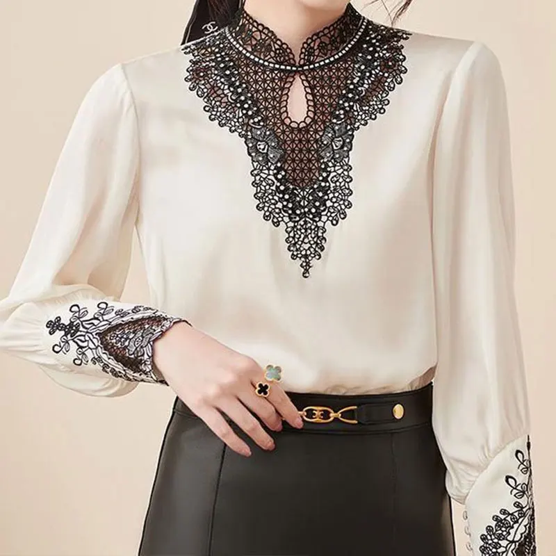 Black Colour Embroidered Hollow Out Long Sleeve Women Blouse Thin Chinese Vintage Style Silk Satin Glossy Lace Gorgeous Top Tee