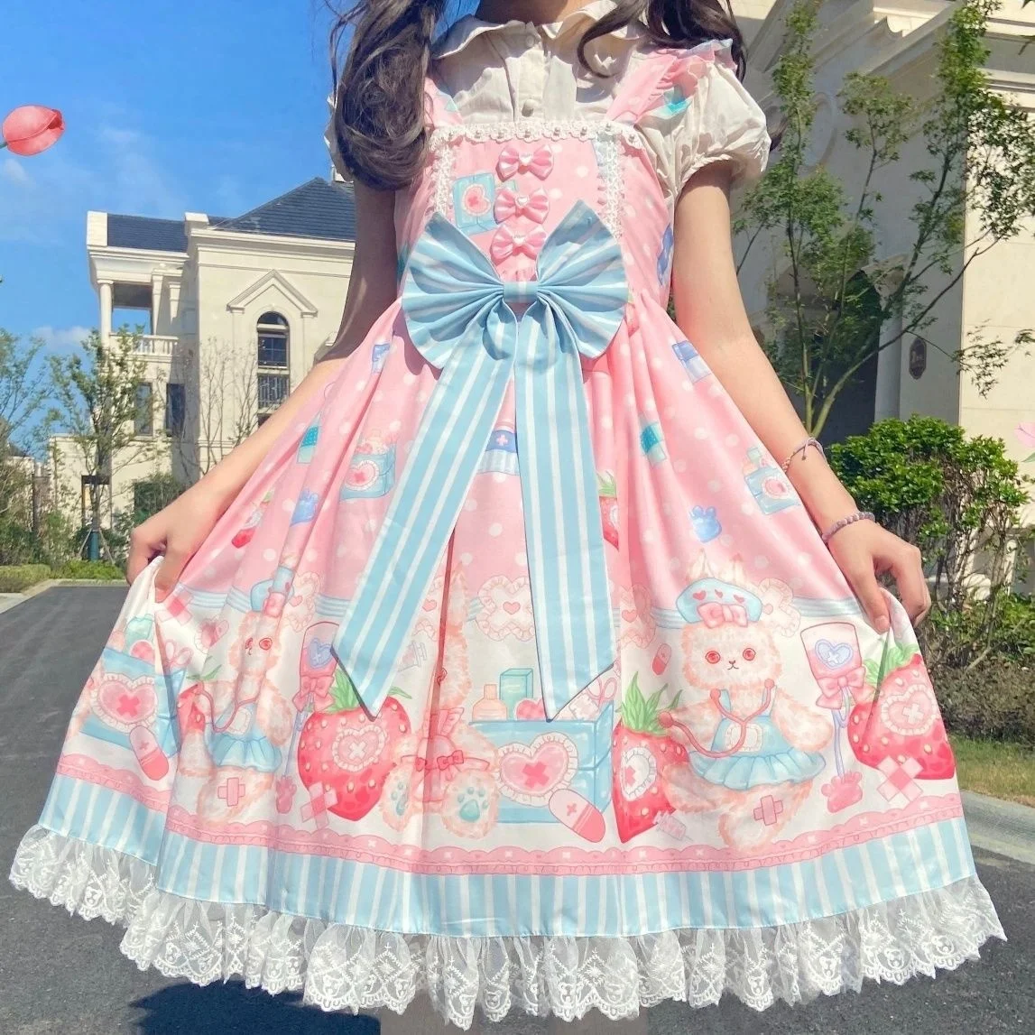 

[Bunny Doctor Angel] Sweet Lolita Dress Jsk Cute Printing Dress Bow Sleeveless Lace Ruffles Lace Girly Camisole Dress