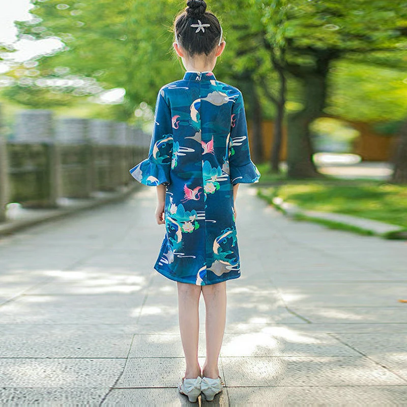 2024 г. Голубое платье Ципао для девочек воротник-стойка три четверти