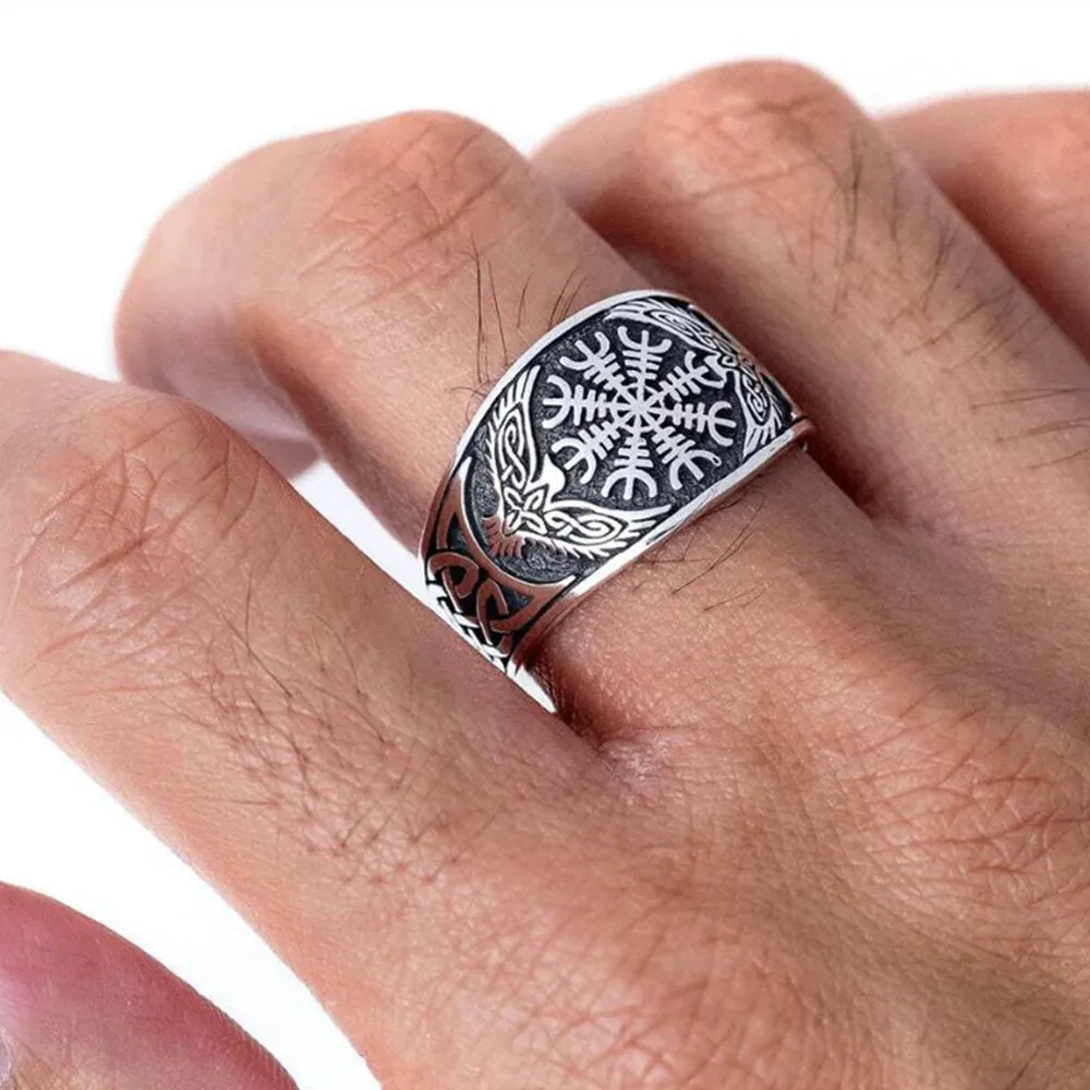 

Vintage Fashion Flat Helm of Awe Ravens Ring Metal Alloy Silver Color Ring for Men Women Finger Ring Jewelry Accessories