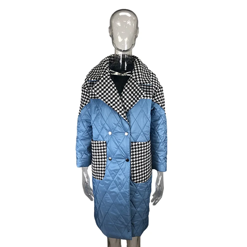 2023 Fall/Winter New Lapel Lapel Ladies Houndstooth Patchwork Fashion Coat Long Sleeve Stand Collar Elegant Loose Long Jacket