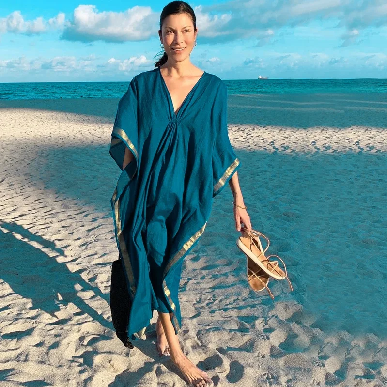 

SuperAen Beach Smock Super Silky Material Phnom Penh Holiday Robe Sunscreen Shirt Solid V Neck Woman Dress