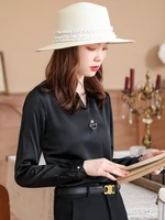solid black women shirt long sleeve pearl buttons metal buckle office ladies work wear blouses fashion female tops summer 2022