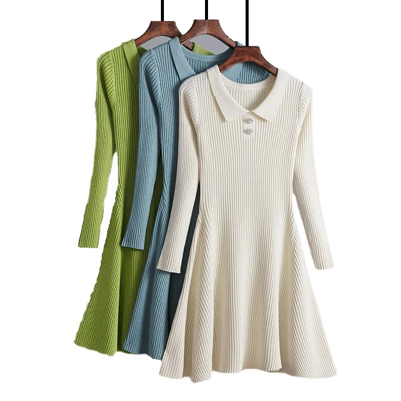 

Women's Sweater Dresses for Fall and Winter Polo Full Pit Strip Knit Dress Korean Button Slim Solid High Waist Mini A-line Dress