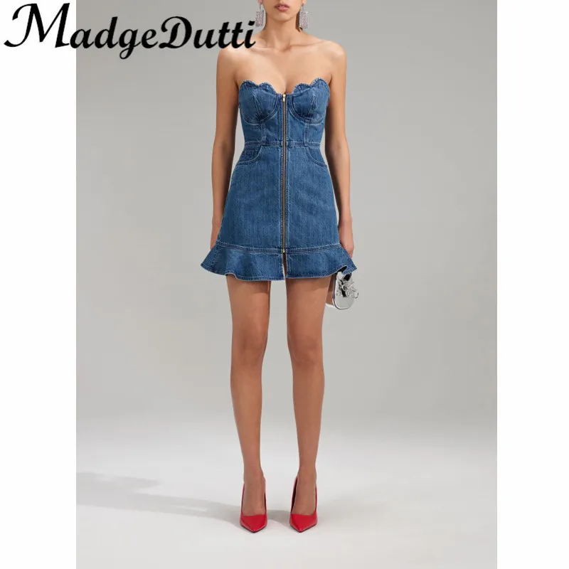 

3.6 MadeDutti 2023 Spring Summer New Temperament Sexy Hot Sweet Strapless Denim Ruffle Dress Women