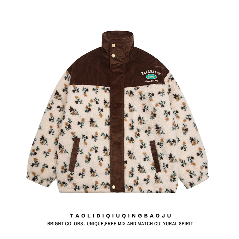 Hong Kong Sle Retro Floral Patchwork Berber Fleece Outerwear Women Winter Thickened Couple All-Match Stand Collar Warm Cott...