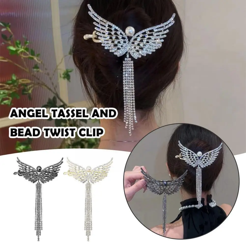 

Angel Tassel And Bead Twist Clip Angel Wings Pearl Pill Tassel Hair Accessories 2023 Hair Clip New Ponytail Rhinestone Head N2E3
