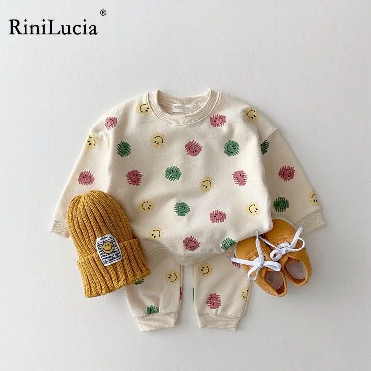 

RiniLucia 2Pcs Cotton Casual Summer Newborn Baby Boys Girls Outfits Suit Printing Long Sleeve Tops+Pants Kids Tracksuits