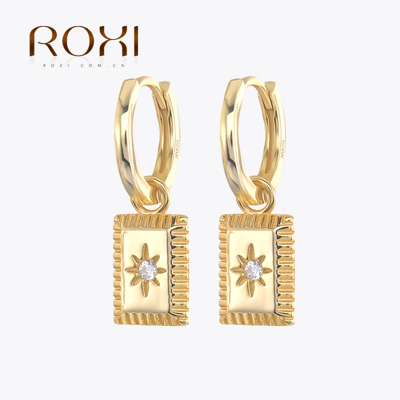 

ROXI Rectangle Earrings for Women Girls Zircon Crystals Stars 925 Sterling Silver Hoop Earrings Pendientes Punk Huggie Earring