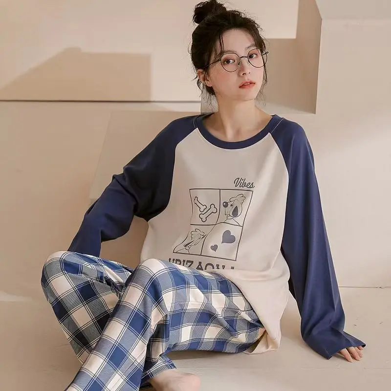 SUO&CHAO 2023 New Pajamas Set For Womens Sleep Wear Lobg Sleeve Rund Neck Tops Long Pants Loose Casual Print Pyjamas Homewear