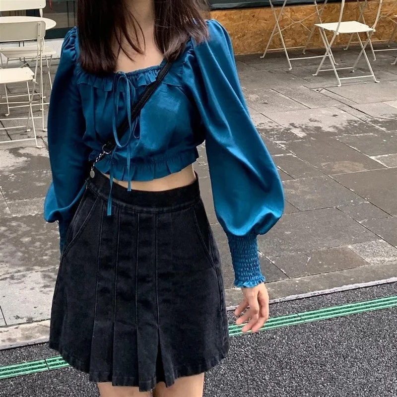

QWEEK Blouses Women's Cropped Sexy Tunic Shirts Streetwear Harajuku Korean Style Long Sleeve Tops Female Chic Pretty New Fashion
