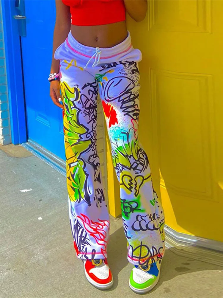 

Autumn Graffiti Printed Casual Pants Women's High Waist Drawstring Flared Pants Knitted Loose Wide Leg Straight Trousers Women