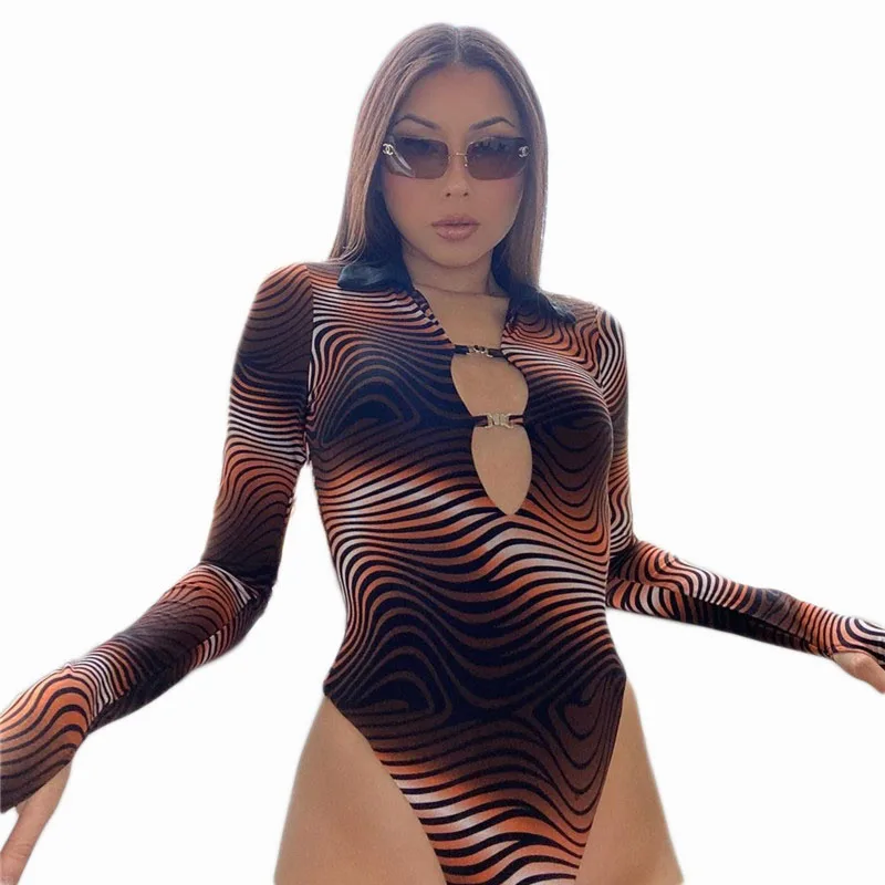 

V-Neck Slim Bodysuit Women Sexy Clothes Long Sleeve Short Jumpsuit Stripe Print Romper Playsuit Fashion Thong Catsuit Streetwear