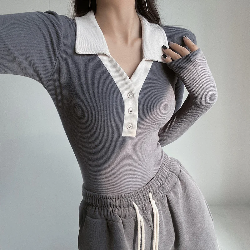 

European-style Lapel Sweet Color-blocking Long-sleeved Thin Knitted Bodysuits Single-breasted Trend Women's Clothing Z3X0