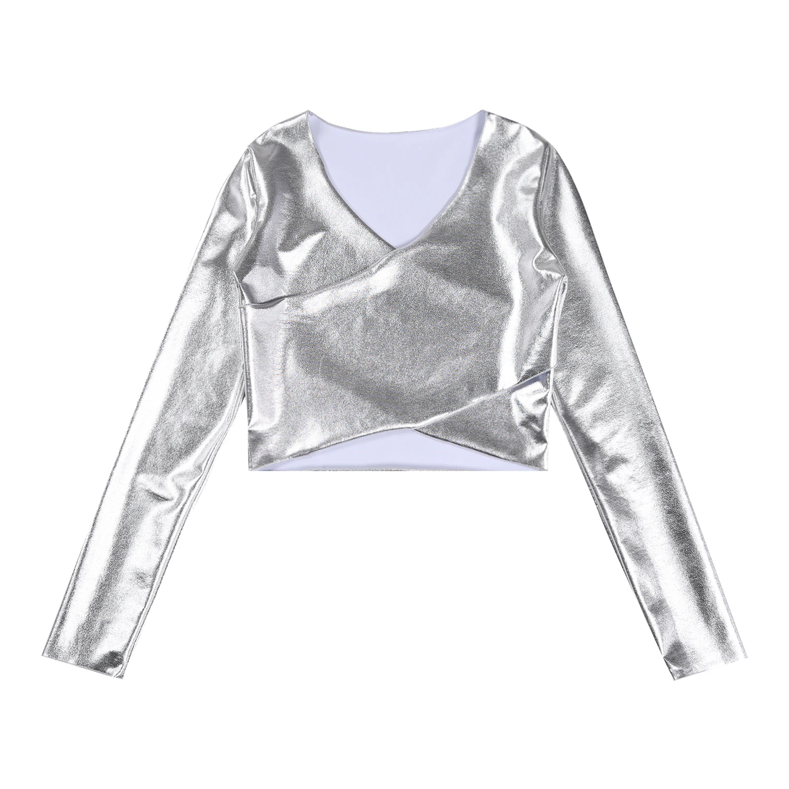 Womens Metallic Shiny Long Sleeve T-shirt Tops Fashion Cross Wrap V Neck Crop Top Festival Clubwear Pole Dancing Rave Outfit images - 6