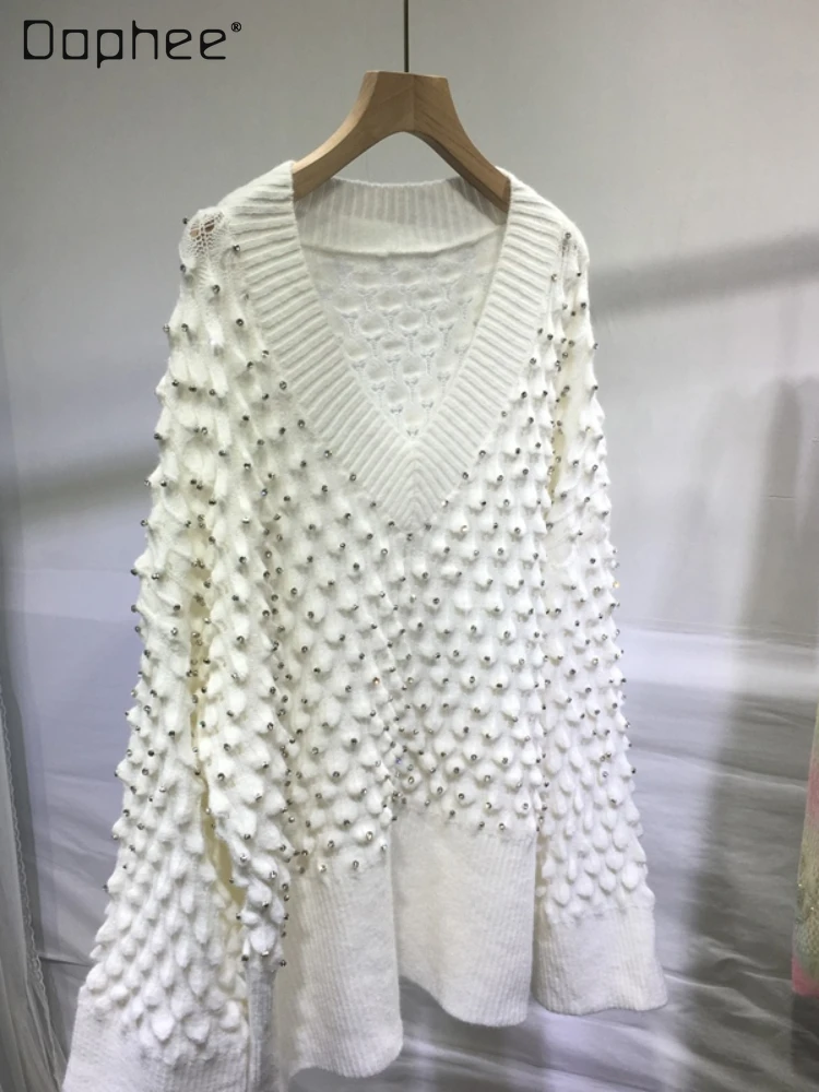 

Heavy Industry Beads Sweater 2023 Autumn Winter Warm Thickening V-neck Loose Mid-Length Long Sleeve White Pullover Knitted Top