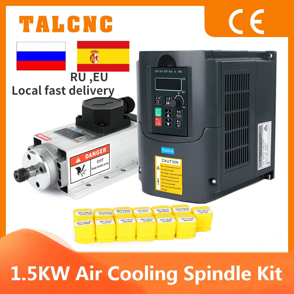 

Updated CNC 1.5kw 220v/110v Square Air Cooling Spindle ER11 1500W Air-Cooled Milling Spindle + 1.5KW VFD Inverter + 13 Pcs ER11