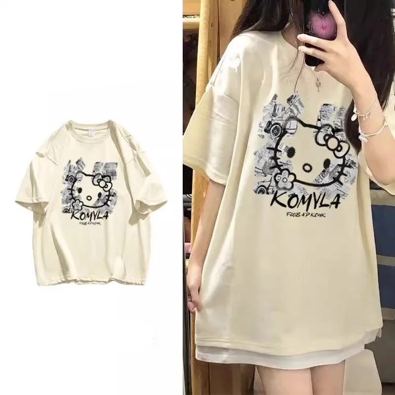 

Женская летняя футболка с коротким рукавом и принтом Hello Kitty