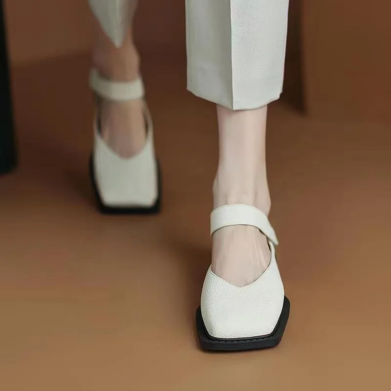 2023 Summer Soft Leather Comfortable Square Toe Shallow Mouth Women's Shoes Low Heel Outdoor Casual Thick Heel Mary Jane Shoes