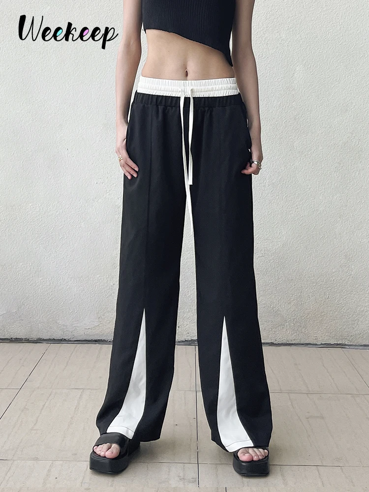 

Weekeep Black Sweatpants Lace Up Baggy Straight Casual Pants Women Streetwear Korean Fashion Patchwork Jogging Capris Harajuku