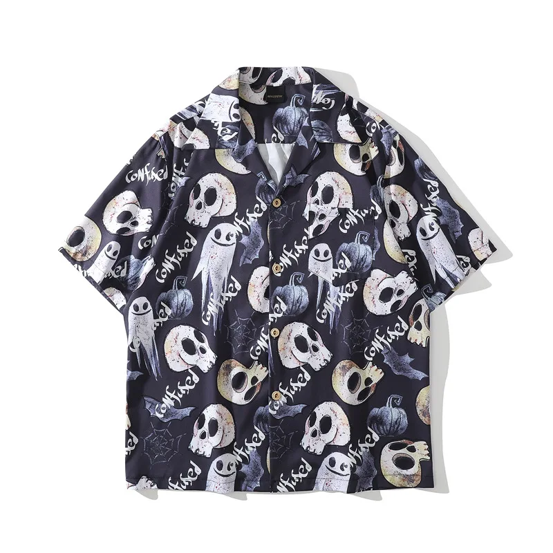 

Koszula Summer New Men Hawaiian Short Sleeve Shirt Vintage Skull Print Black Shirt Mens Oversized Beach Shirts Man Chemise Homme