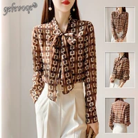 vintage office lady printing button drawstring tee shirts spring summer 2022 long sleeve scarf collar slim tops womens clothing