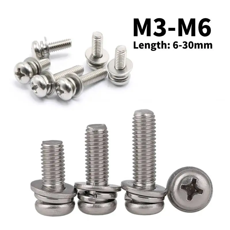 

M3-M6 316 Three-Combination Cross Pan Head Three-Combination Screw With Washer Machine Screw Length 6-30mm