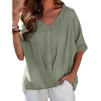 v neck buttons high low hem summer shirt solid color half sleeve pullover blouse ladies clothing