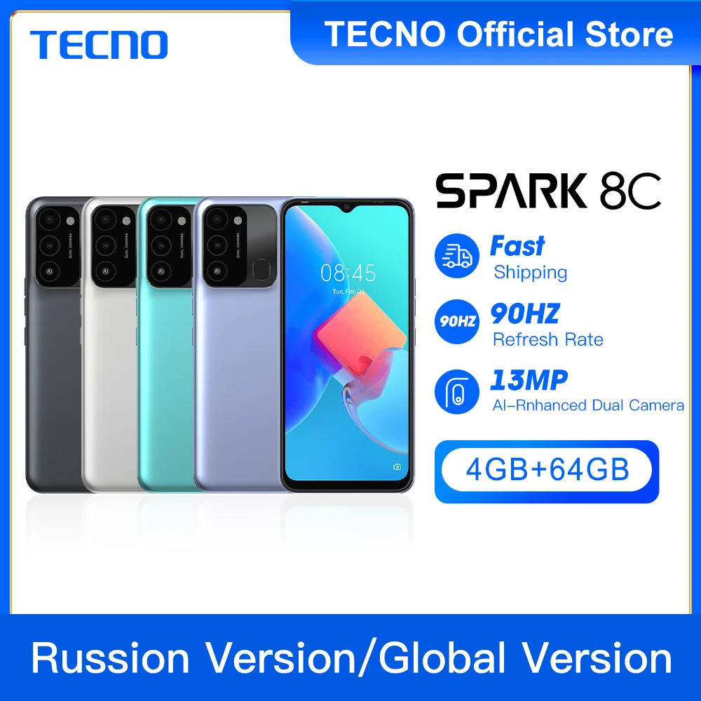 

NEW Original Tecno SPARK 8C 4+ 64GB Cell Phones Unisoc T606 Mobile HD+ 6.6 Smartphone Battery 5000mAh 13MP NFC Global Version
